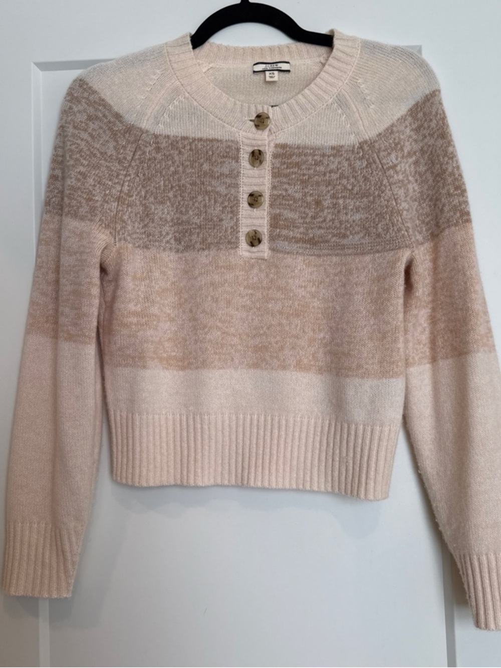 J. Crew cashmere Striped Crewneck Button-Placket Sweater in Beige and Cream